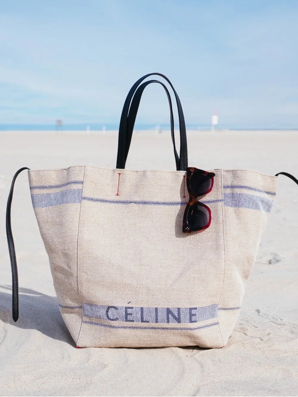 Céline Beige Canvas Stripe Tote Bag with Black Leather Handles Phoebe Philo era